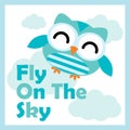 Vector cartoon illustration with cute owl fly on the sky Royalty Free Stock Photo