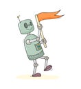 Vector cartoon illustration - cute robot holding flag. Royalty Free Stock Photo