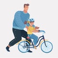 Caring dad teaching daughter to ride bike.