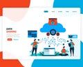 Vector cartoon illustration of data sharing technology, remote worker, network industry 4.0, people sending work file. cloud