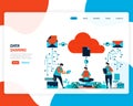 Vector cartoon illustration of data sharing technology, remote worker, network industry 4.0, people sending work file. cloud