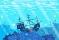 Vector cartoon illustration of deep seafloor with marine wildlife and shipwrecked boat