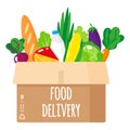Vector cartoon illustration of delivered cardboard box with healthy organic food isolated on white background Royalty Free Stock Photo