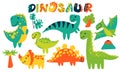 Vector cartoon illustration of dinosaurs and elements of the tropical habitat of Stegosaurus, brachiosaurus