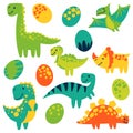 Vector cartoon illustration of dinosaurs and their eggs of stegosaurus, brachiosaurus, velociraptor, triceratops