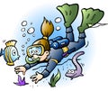 Vector Cartoon illustration of a Diver looking at colorful Fish