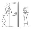 Vector Cartoon Illustration of Drunk Man Returning Home. Angry Wife is Waiting for Him. Concept of Alcoholism.