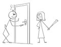 Vector Cartoon Illustration of Drunk Man Returning Home. Angry Wife is Waiting for Him. Concept of Alcoholism.