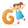 Vector isolated cartoon illustration of English alphabet letter G with picture of funny girl.