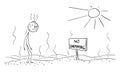 Vector Cartoon Illustration of Exhausted Thirsty Man Standing in Hot Desert and Watching No Swimming Sign. Joke, Carton