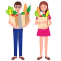 Vector cartoon illustration with family holding paper grocery bags with fresh healthy food isolated on white background Royalty Free Stock Photo