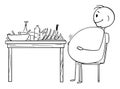 Vector Cartoon Illustration of Fat or Obese or Overweight Man Sitting Satisfied Behind Table After Dinner