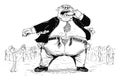 Vector Cartoon Illustration of Fat Rich Man, Businessman or Capitalist Eating the Food of Small Poor People Around.