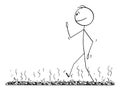 Vector Cartoon Illustration of Firewalk, Man Walking or Firewalking Barefoot Over Bed of Hot Embers or Stones