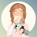 A young woman is sick. She has a runny nose and cough