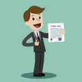 Businessman or manager holding a contract or another document with signature. Happy, smile.