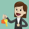 Businesswoman hand buying a house. Realtors hand giving keys to client. Real Estate Concept