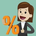 Businesswoman and percent sign. Vector, illustration, flat