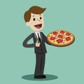 Happy businessman or manager plan to have a lunch with pizza. Italianfood. Lunch or junk food concept. Vector