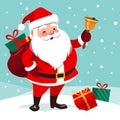 Vector cartoon illustration of friendly smiling Santa Claus rin