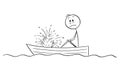 Vector Cartoon Illustration of Frustrated Man or Businessman Sitting in Rowing Boat and Watching Water Squirting Inside