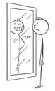 Vector Cartoon Illustration of Frustrated Man With Low Confidence or Self Esteem Looking at Mirror, His Reflection Is