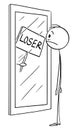 Vector Cartoon Illustration of Frustrated Man With Low Confidence or Self Esteem Looking at Mirror With the Loser Sign