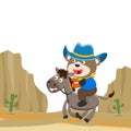 Vector cartoon illustration of funny bear the cowboy riding a brown horse in the desert, T-Shirt Design for children. Creative Royalty Free Stock Photo