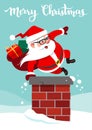 Vector cartoon illustration of funny cute Santa Claus with backpack full of gifts, jumping into a chimney doing hand vault. Royalty Free Stock Photo