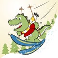 Vector cartoon of funny dinosaur skiing