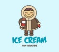 Vector cartoon illustration of funny Eskimo child with ice cream. Cute little baby Eskimo in a fluffy fur coat. Design for print