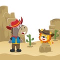 Vector cartoon illustration of funny horse and lion the cowboy in the desert, T-Shirt Design for children. Creative vector Royalty Free Stock Photo