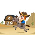 Vector cartoon illustration of funny tiger the cowboy riding a brown horse in the desert, T-Shirt Design for children. Creative Royalty Free Stock Photo