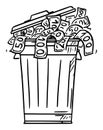 Vector Cartoon Illustration of Garbage Can or Dustbin Full of Cash Money Bills Thrown as Waste