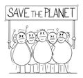 Vector Cartoon Illustration of Group of Angry Overweight or Fat Men or People on Demonstration With Save the Planet Sign