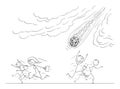 Vector Cartoon Illustration of Group of People or Crowd Running Away in Panic From Falling Meteorite or Asteroid