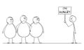 Vector Cartoon Illustration of Group of Three Overweight or Fat Men Looking at Thin Man demonstrating with I`m Hungry