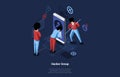 Vector Cartoon Illustration With Hacker Group Of Three Male Characters In Working Process. 3D Isometric Composition On