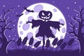 Vector cartoon illustration of Halloween scarecrow silhouette in a wheat field on a background of the full moon Royalty Free Stock Photo