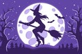 Vector cartoon illustration of Halloween witch silhouette flying on a broomstick on the background of the full moon Royalty Free Stock Photo