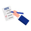 Vector cartoon illustration of a hand that marks the candidate on the ballot isolated on a white background