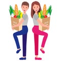 Vector cartoon illustration with couple holding eco paper grocery bags with healthy food isolated on white background Royalty Free Stock Photo