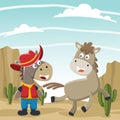 Vector cartoon illustration of happy cowboy and brown horse in the desert, Royalty Free Stock Photo