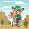 Vector cartoon illustration of happy cowboy and brown horse in the desert, Royalty Free Stock Photo