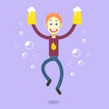 Vector cartoon illustration of a happy guy with beer glasses