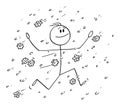 Vector Cartoon Illustration of Happy Man or Businessman Running in Rain of Falling Flowers, Petals, Bloom or Blossom.