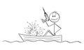 Vector Cartoon Illustration of Happy Man or Businessman Sitting in Rowing Boat with Electric Drill in Hand and Watching