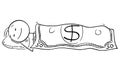Vector Cartoon Illustration of Happy Man or Businessman Sleeping Under Dollar Currency Bill or Banknote as Blanket