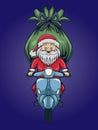Vector Cartoon Illustration Of Happy Santa Claus With A Gift Sack Riding A Scooter
