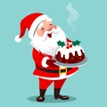 Vector cartoon illustration of happy Santa Claus standing holding traditional English Christmas fruit cake on a platter, isolated